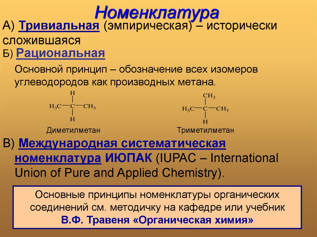 Рациональная номенклатура. Основные номенклатуры органических соединений. Систематическая номенклатура органических веществ. Принципы номенклатуры органических соединений. Тривиальная номенклатура в органической химии.