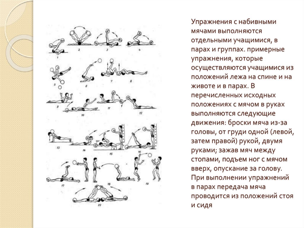 Комплекс упражнений ору. Общеразвивающие упражнения с набивным мячом 20 упражнений. Упражнения с набивными мячами для развития силы. Комплекс упражнений с набивным мячом таблица. Упражнения с набивным мячом в парах.