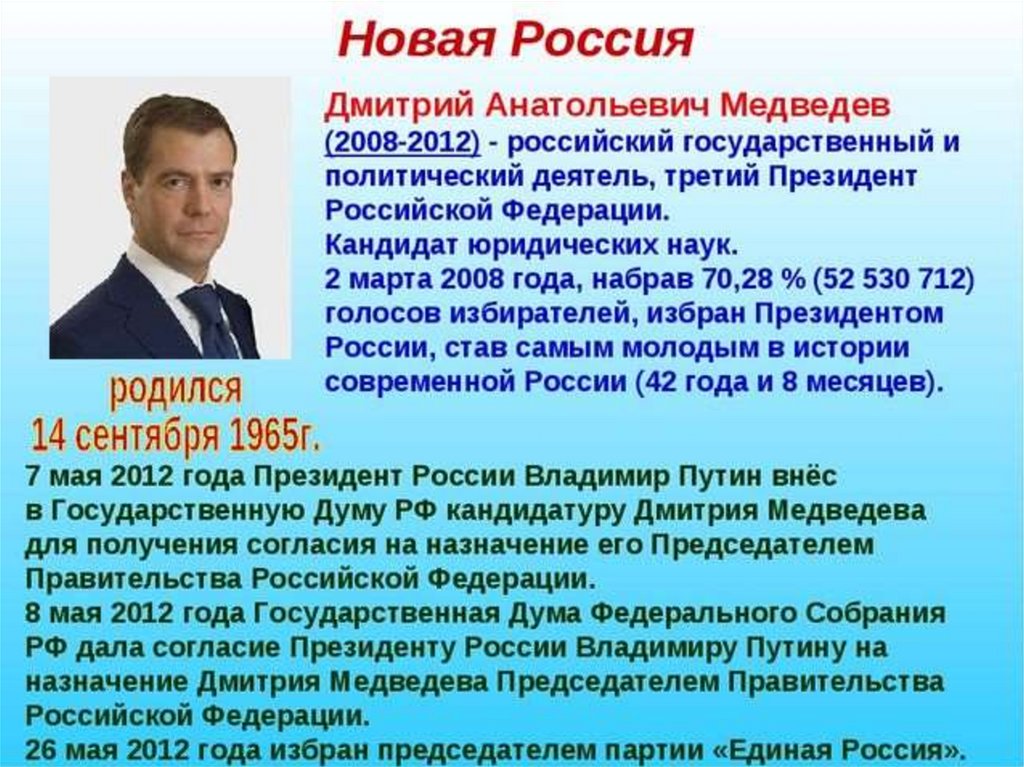 Выдающиеся политические государственные деятели. Правление Медведева 2008-2012.