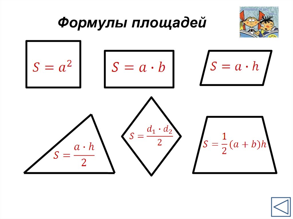 Формулы площадей треугольников параллелограммов трапеции. Формулы площадей параллелограмма треугольника и трапеции. Формулы площади параллелограмма треугольника и трапеции 8 класс. Формулы площадей квадрата прямоугольника параллелограмма. Площадь квадрата ромба трапеции параллелограмма.