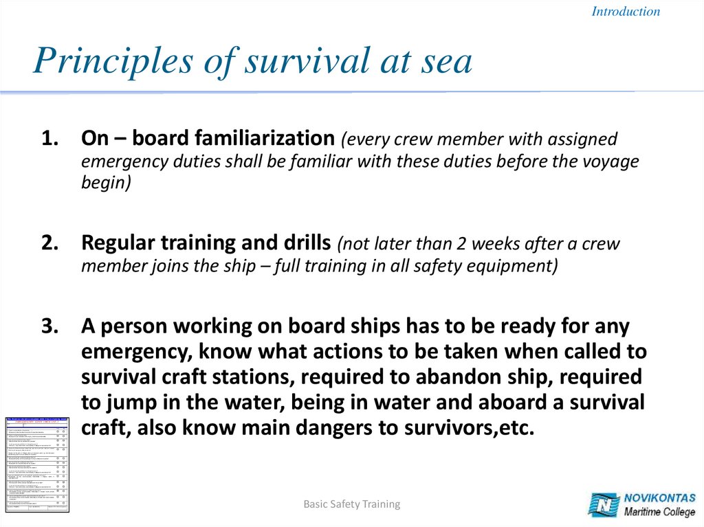 Principles of survival at sea