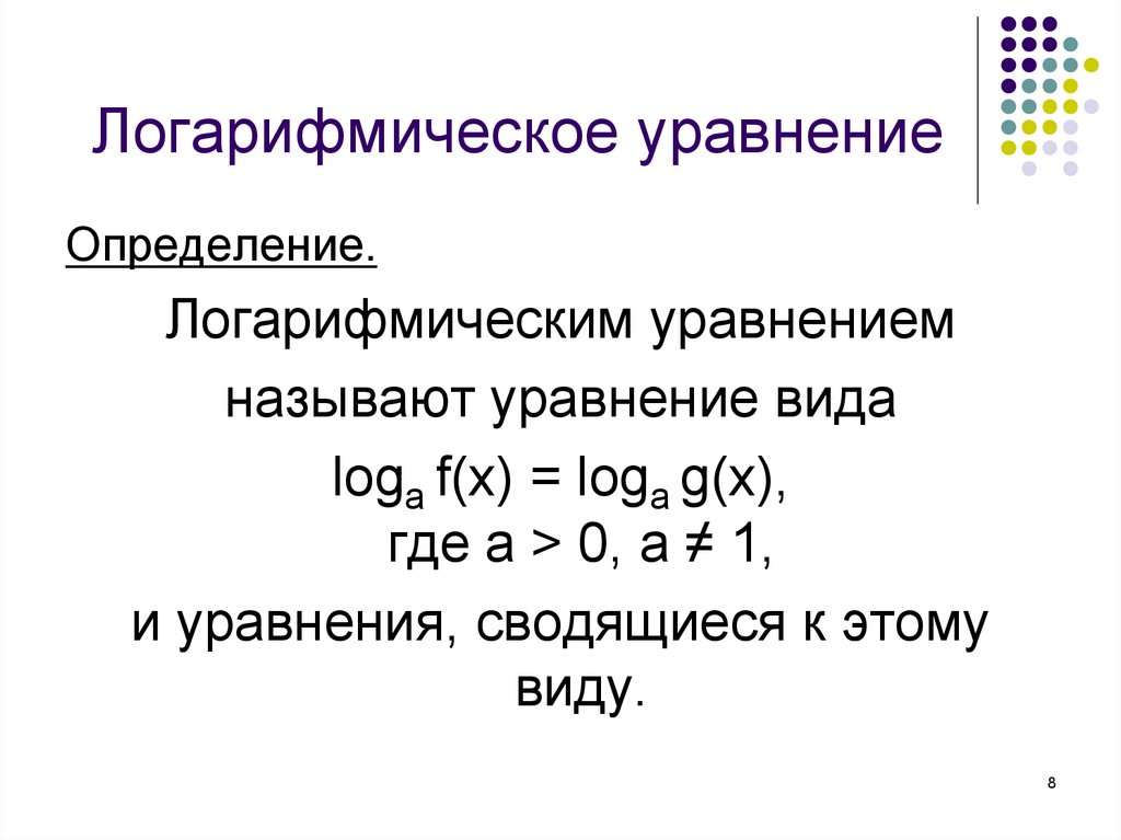 Определяющие уравнение. Определение логарифмического уравнения. Логарифмические сравнение. Логарифмические уравнения теория. Виды логарифмических уравнений.