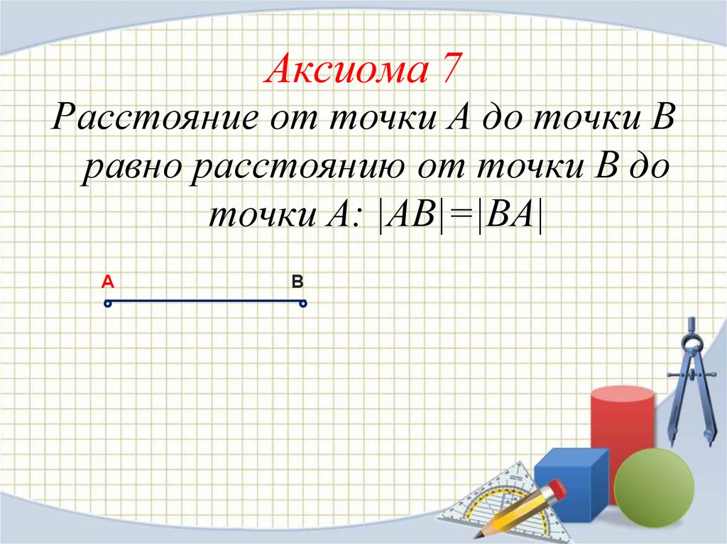 Расстояние равно. Аксиома 7. Аксиома расстояния. Примеры аксиом. Аксиома 7 от полупрямой на содержащей.