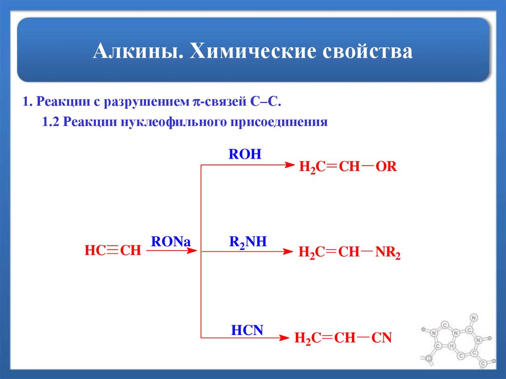 Нуклеофильное присоединение Алкины. Алкины химические свойства. Присоединение циановодорода к алкинам.