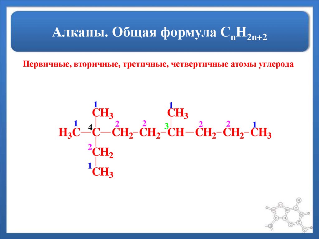 Алканы 5 атомов углерода. Основная формула алканов. Алканы общая формула. Общая формула алканов. Первичный вторичный третичный четвертичный атом углерода.