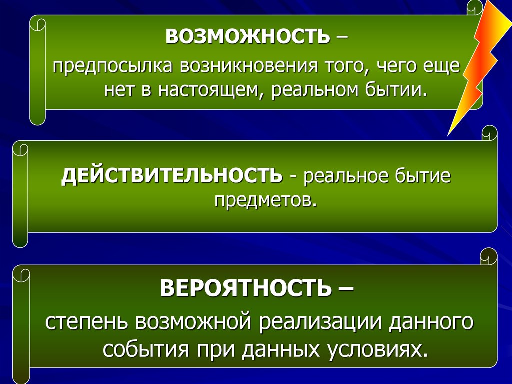 Возможность вероятности. Диалектика возможности и действительности. Действительность как философская категория. Возможность как философская категория. Действительность – это бытие объекта..