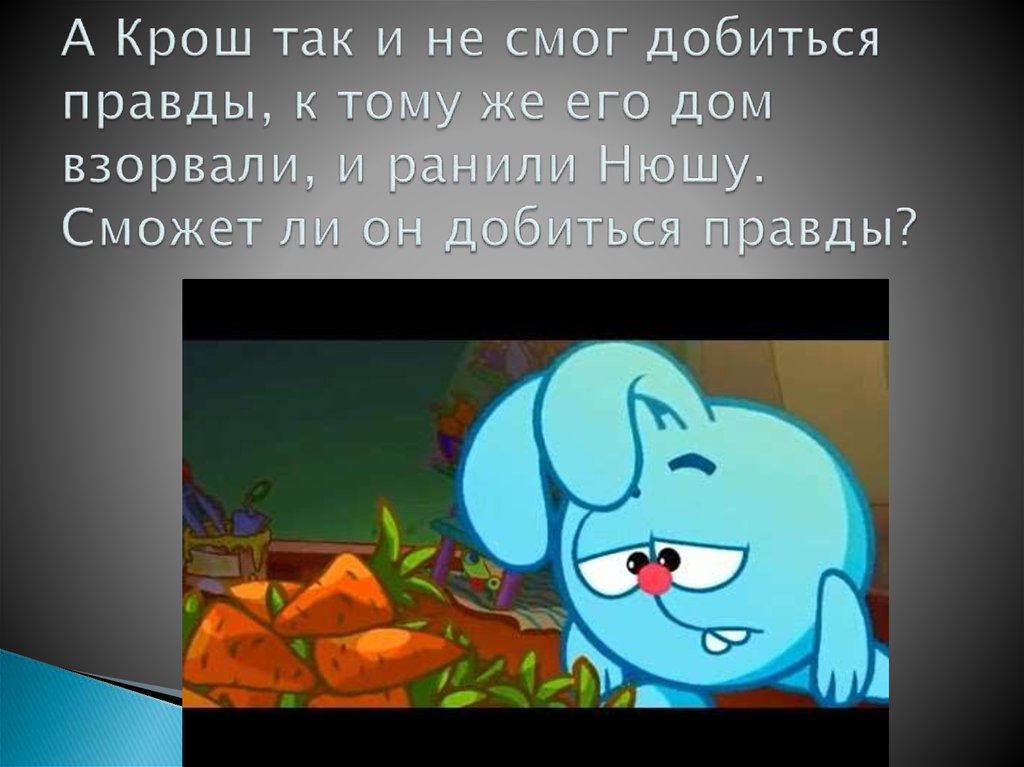 А Крош так и не смог добиться правды, к тому же его дом взорвали, и ранили Нюшу. Сможет ли он добиться правды?