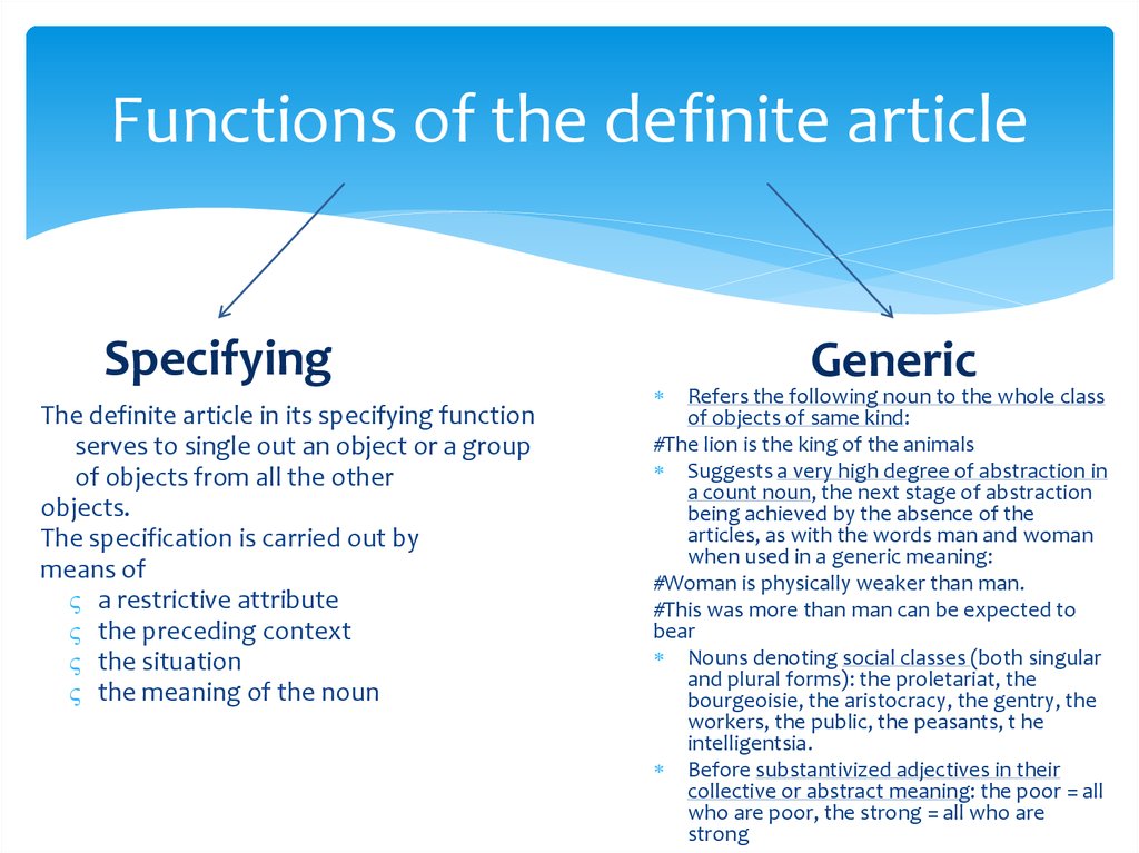 Function definition. Functions of definite article. Functions of articles. Restricting function of the definite article. Схема definite article.