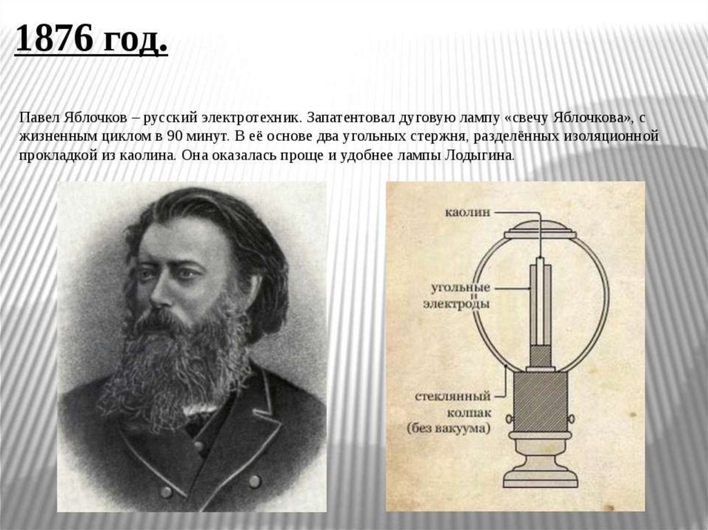 Кто сделал первый в мире. Яблочков и Лодыгин первая в мире электрическая лампочка.