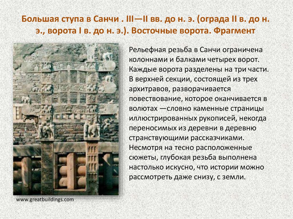 Большая ступа в Санчи . III—II вв. до н. э. (ограда II в. до н. э., ворота I в. до н. э.). Восточные ворота. Фрагмент