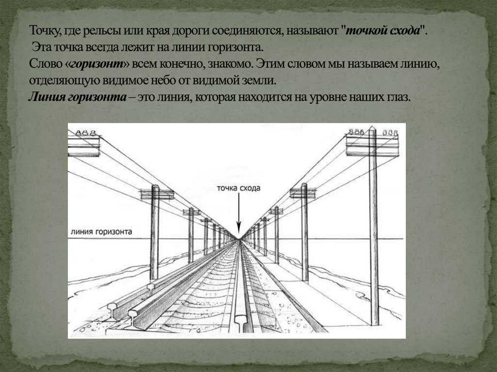 Точку, где рельсы или края дороги соединяются, называют "точкой схода". Эта точка всегда лежит на линии горизонта. Слово