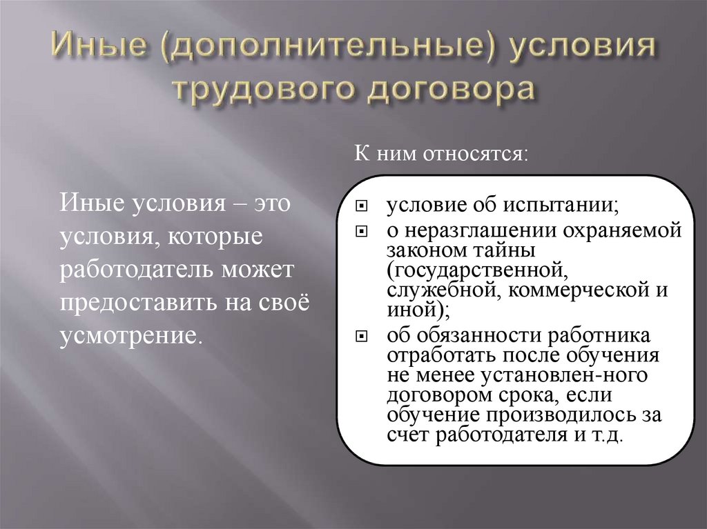 Дополнительные условия трудового. Дополнительные условия трудового договора. Иные условия трудового договора. Иные дополнительные условия трудового договора.. Дополнительные условия при заключении трудового договора.