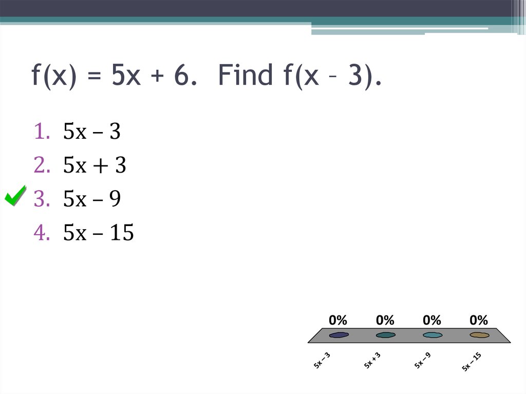f(x) = 5x + 6. Find f(x – 3).