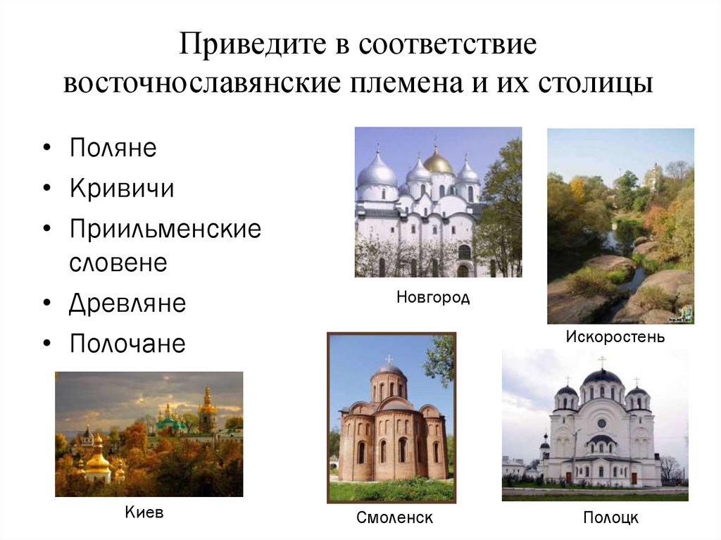 Приведите в соответствие восточнославянские племена и их столицы