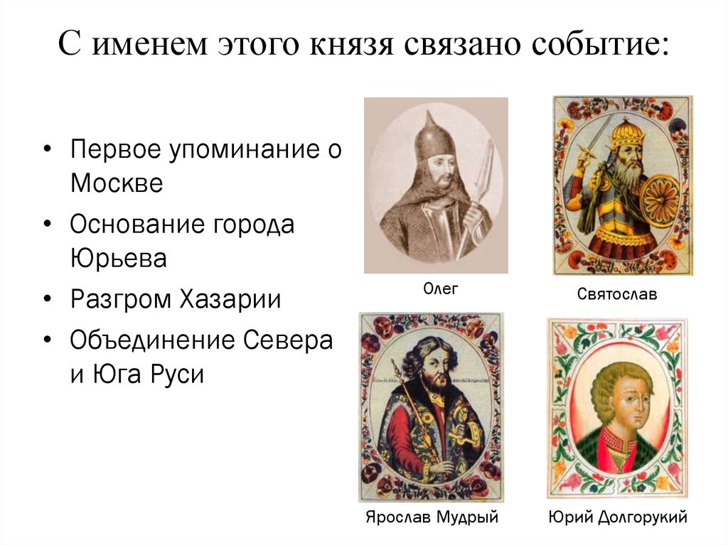 Имена связанные с событиями. С именем этого князя связано первое. Основные события , связанные с князем Игорем. С именем какого князя связано 1 упоминание о Москве.