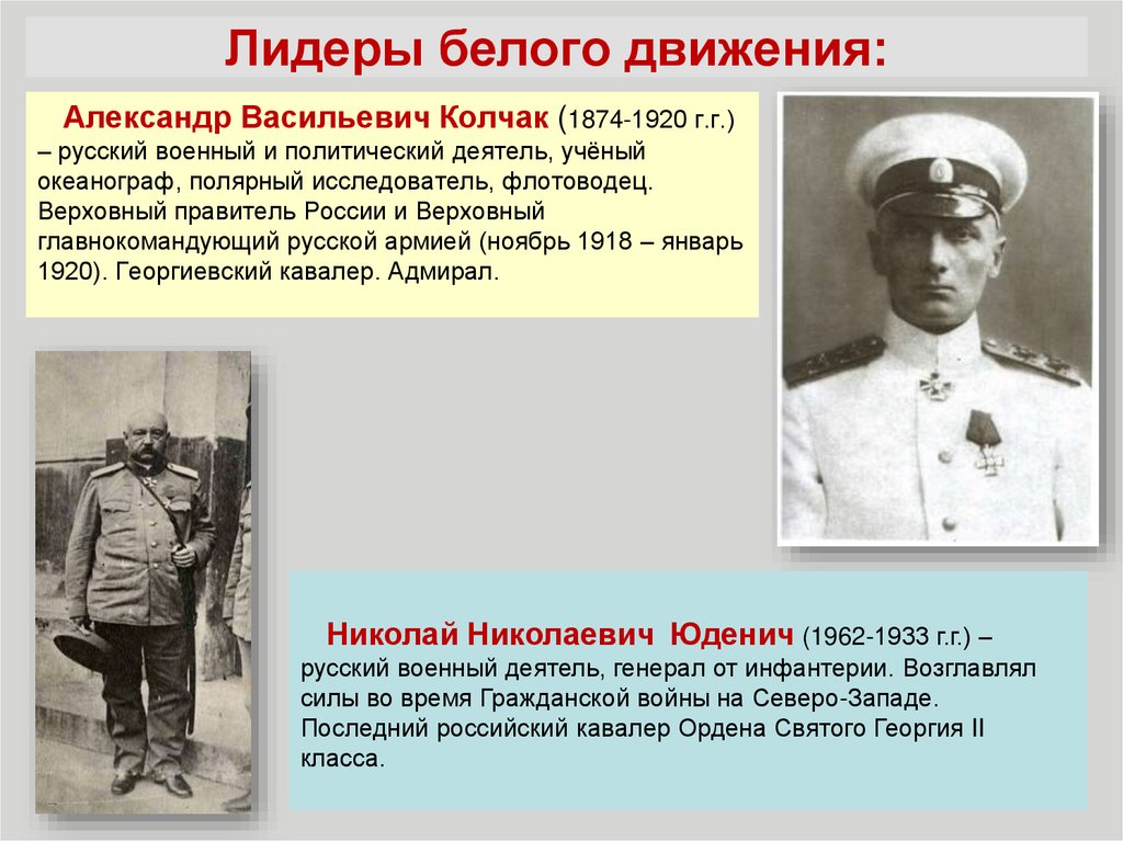 Руководители белых. Лидеры белых в гражданской войне 1917-1922. Лидеры белого движения 1917 года. Главнокомандующий войсками белого движения в 1920 г. Лидеры белого движения в гражданской войне.