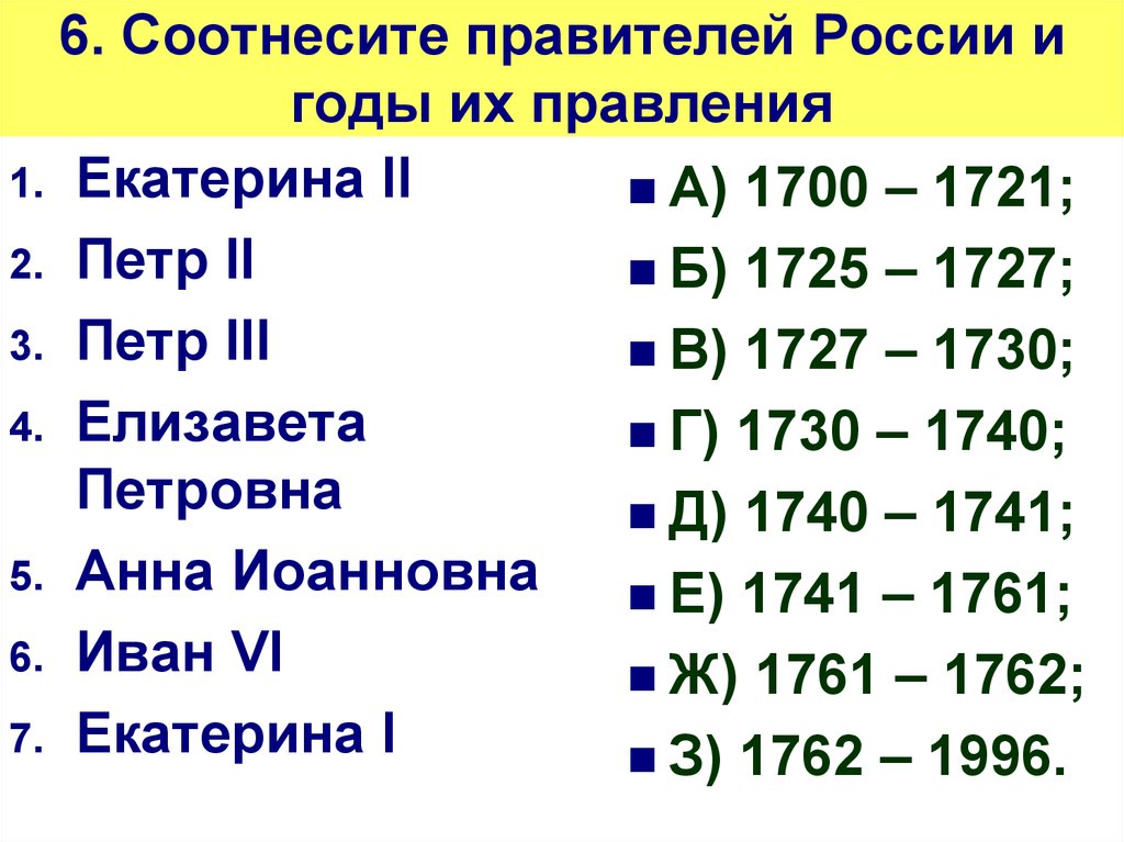 Соотнесите правителя