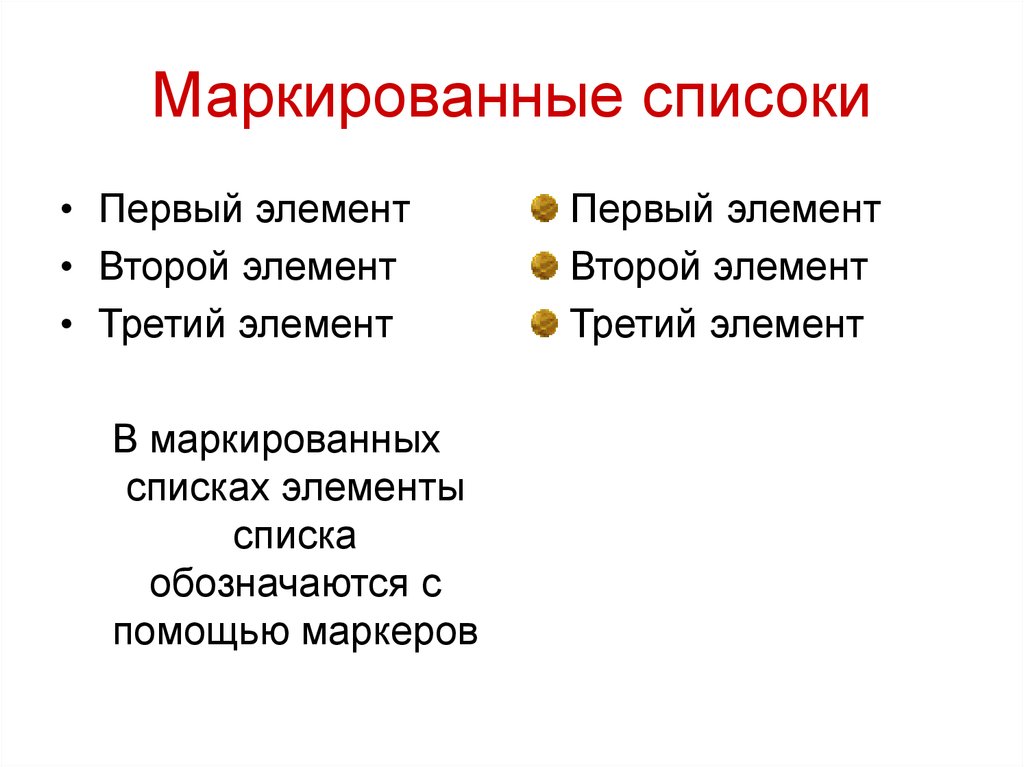 Маркированный список точка. Элементы обозначаются с помощью маркеров. Элементы списка. В маркированных списках элементы списка обозначаются с помощью. В нумерованных списках элементы обозначаются с помощью маркеров.