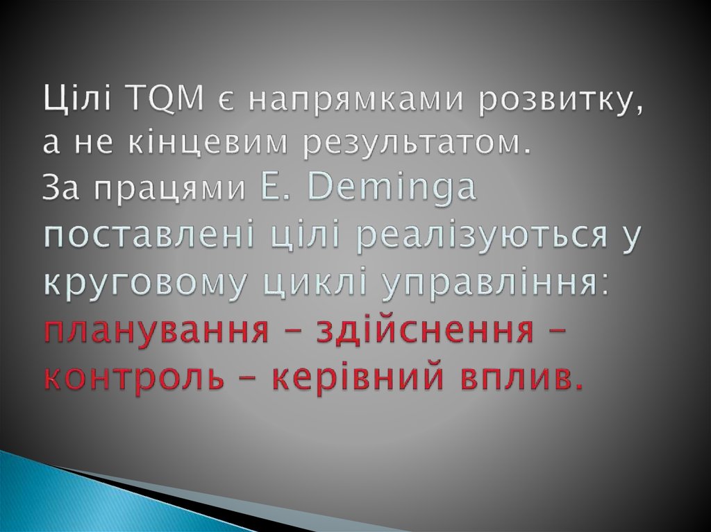 Цілі TQM є напрямками розвитку, а не кінцевим результатом. За працями E. Demingа поставлені цілі реалізуються у круговому циклі