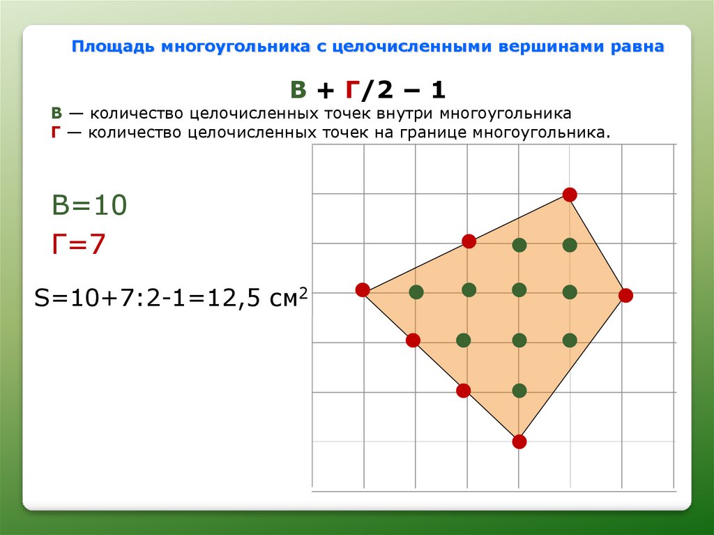 Площадь многоугольника с вершинами. Формула пика многоугольники. Площадь многоугольника. Формула пика для нахождения площади фигуры на клетчатой бумаге. Вычисление площади многоугольника.