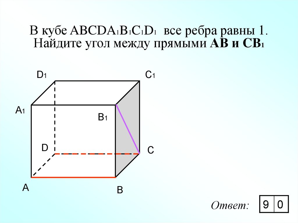 В кубе ABCDA1B1C1D1 все ребра равны 1. Найдите угол между прямыми АВ и CB1