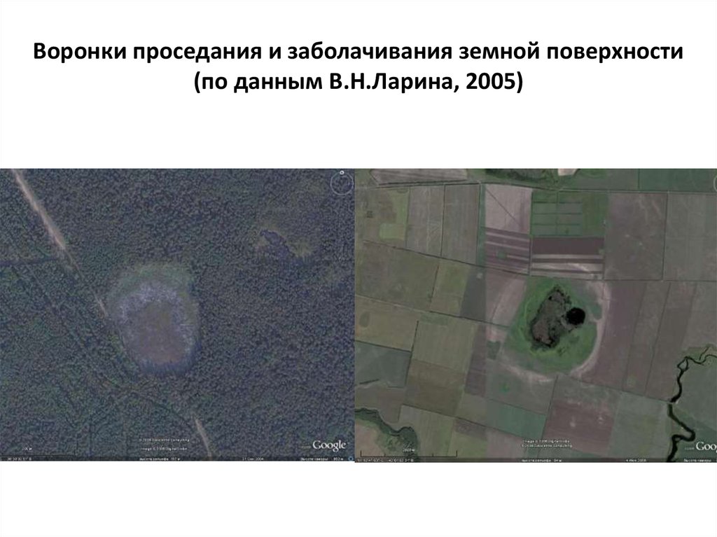 Воронки проседания и заболачивания земной поверхности (по данным В.Н.Ларина, 2005)