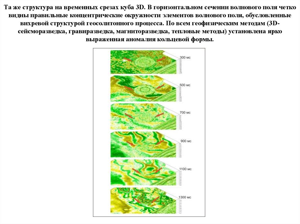 Та же структура на временных срезах куба 3D. В горизонтальном сечении волнового поля четко видны правильные концентрические