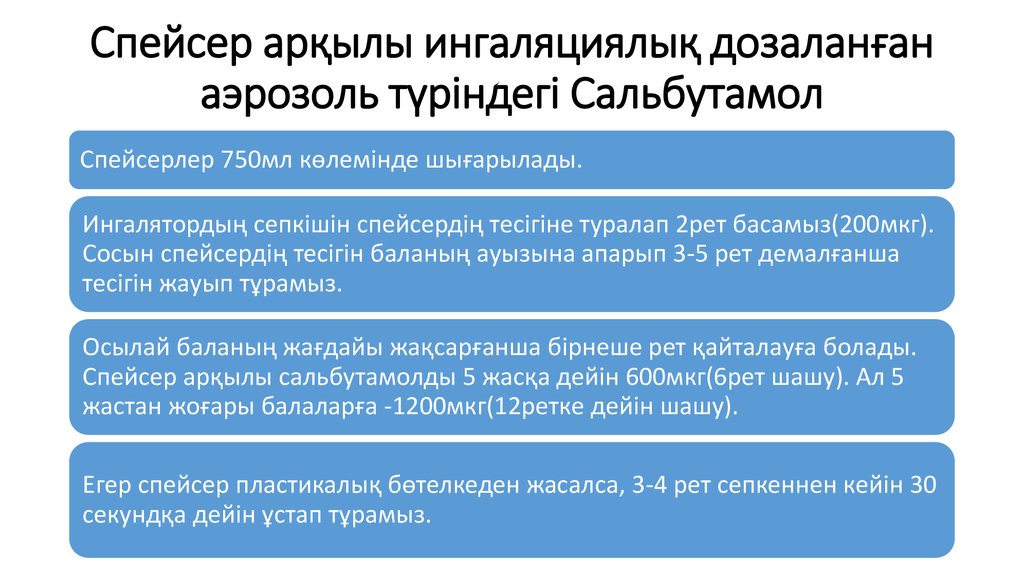Спейсер арқылы ингаляциялық дозаланған аэрозоль түріндегі Сальбутамол
