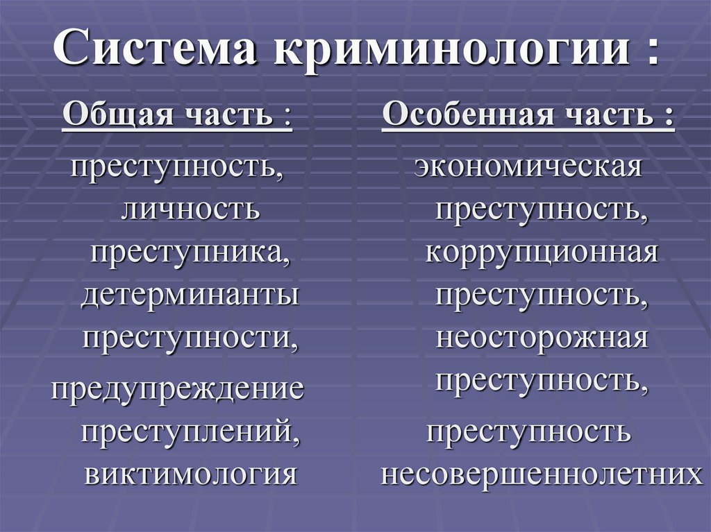 Понятие криминологии. Система криминологии. Особенная часть криминологии. Структура криминологии. Система криминологии общая и особенная часть.