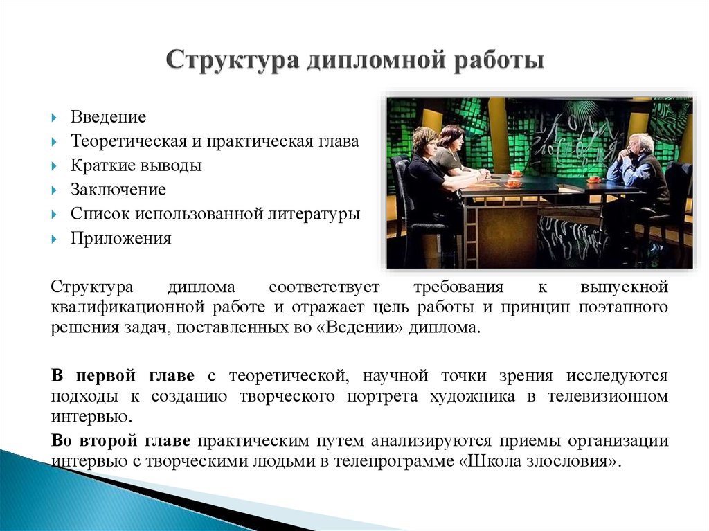 Практическая глава. Структура дипломной работы. Диплом структура работы. Интервью в дипломной работе пример. Структура презентации дипломной работы.