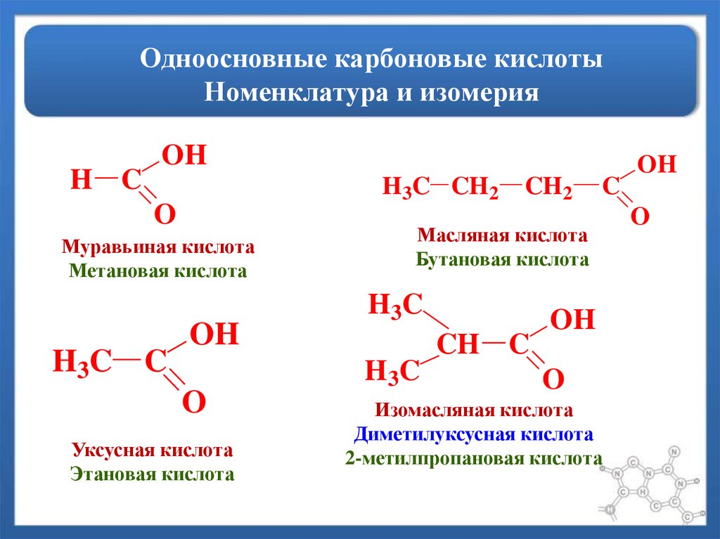 Формула одноосновных кислот содержащих кислот