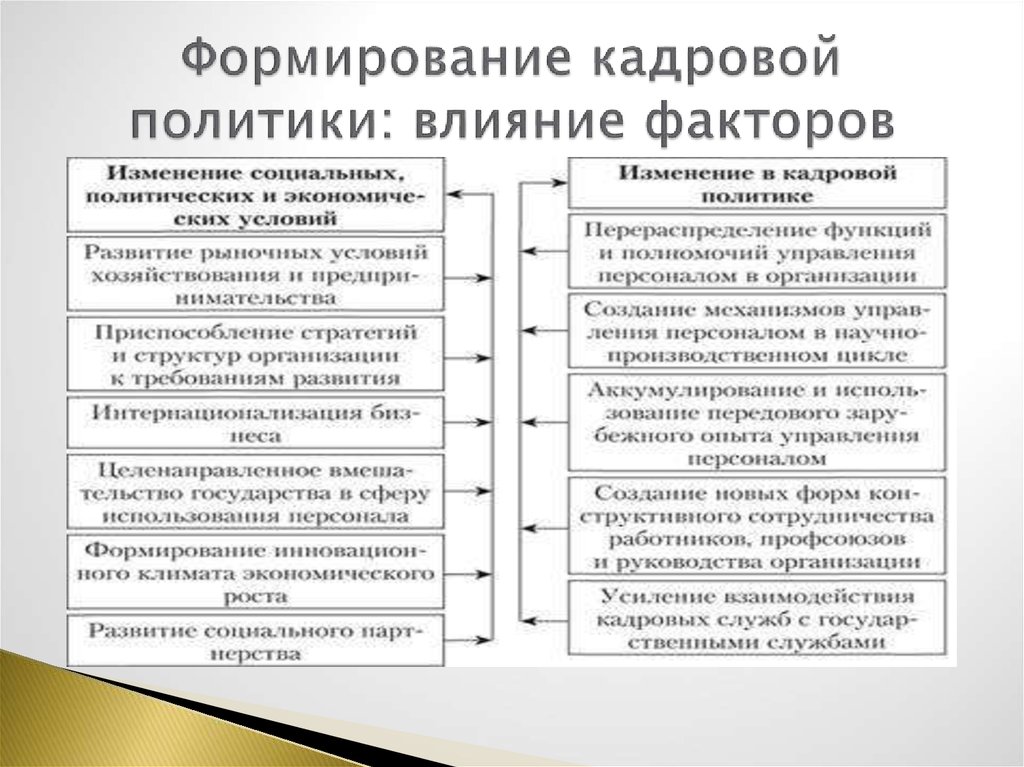 Воздействие политики. Факторы формирования кадровой политики. Этапы формирования кадровой политики. Факторы, влияющие на формирование кадровой политики организации. Внешний фактор формирования кадровой политики организации.