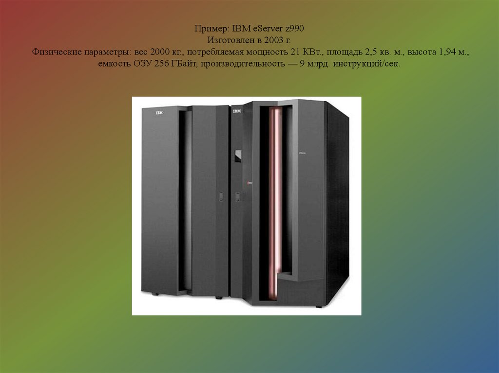 Пример: IBM eServer z990 Изготовлен в 2003 г. Физические параметры: вес 2000 кг., потребляемая мощность 21 КВт., площадь 2,5