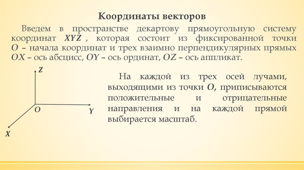 Ось луча. Три взаимно перпендикулярные прямые. Направление вектора по координатам. Координаты точки и координаты вектора в пространстве. Координаты направляющих вектором перпендикулярных прямых.