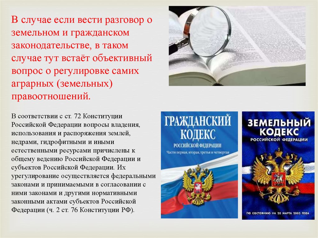 Основные положения земельного кодекса. Земельный и Гражданский кодекс.