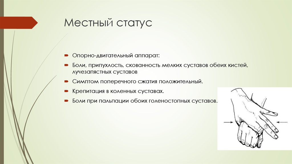 Местный статус. Пальпация суставов кистей. Симптом поперечного сжатия кисти.