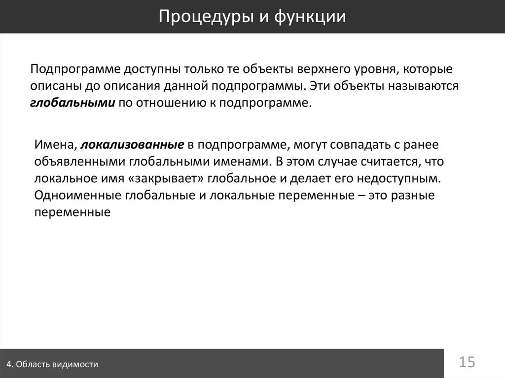 Пользовательские возможности. Область видимости функции. Для чего используются подпрограммы.