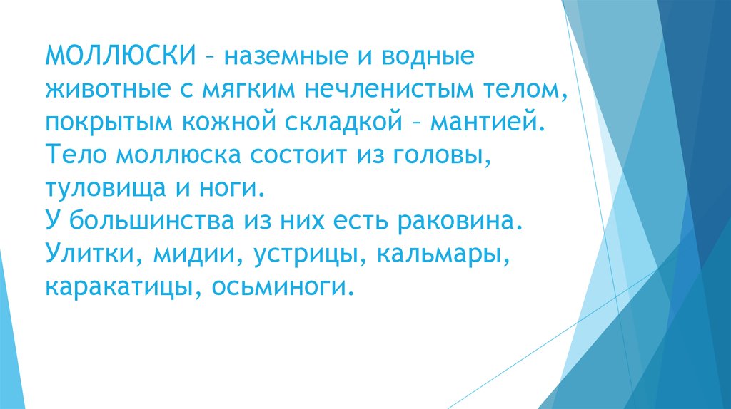 Мягкое нечленистое тело. Туловище покрыто мантией. Тело моллюска мягкое и нечленистое правда ли.