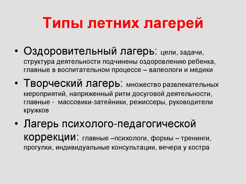 Виды детского оздоровительного лагеря. Типы лагерей. Типы детских лагерей. Типы детских оздоровительных лагерей. Типы детского оздоровительного лагеря.