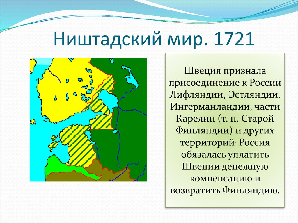 Ништадский мир. Мир со Швецией 1721. Территории по Ништадскому миру. Присоединение Эстляндии и Лифляндии. 1721 , 30 Августа - Ништадский мир России со Швецией..