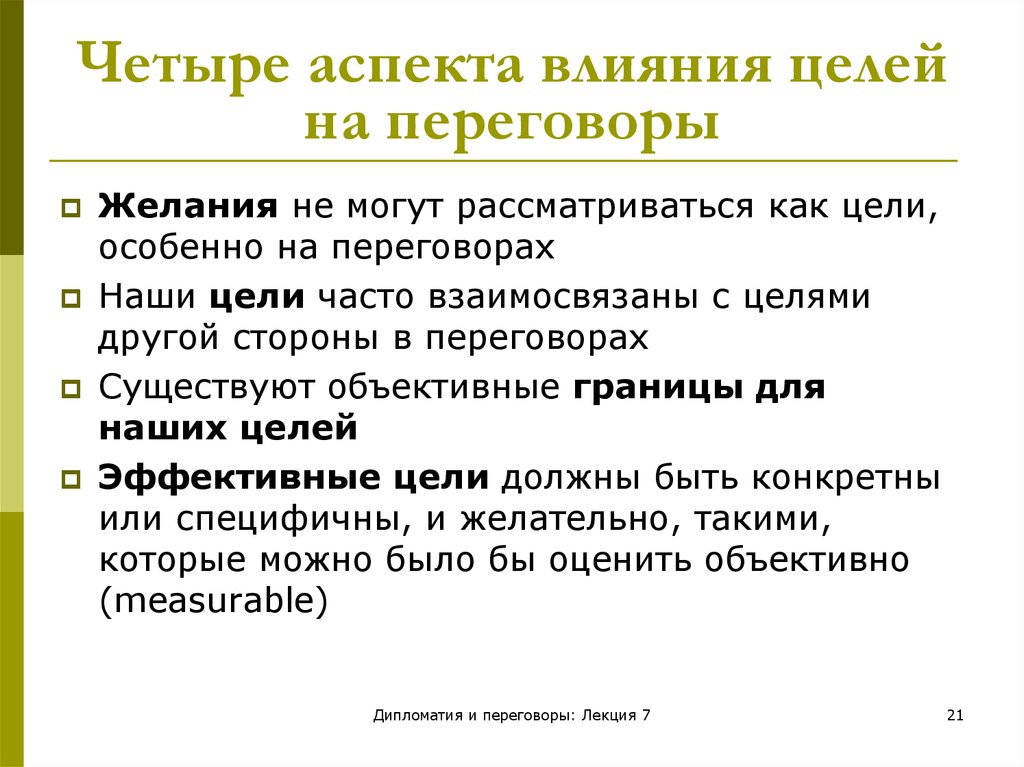 Цели влияния. Аспекты влияния. Цели и объекты международных переговоров. 4 Аспекта общества.