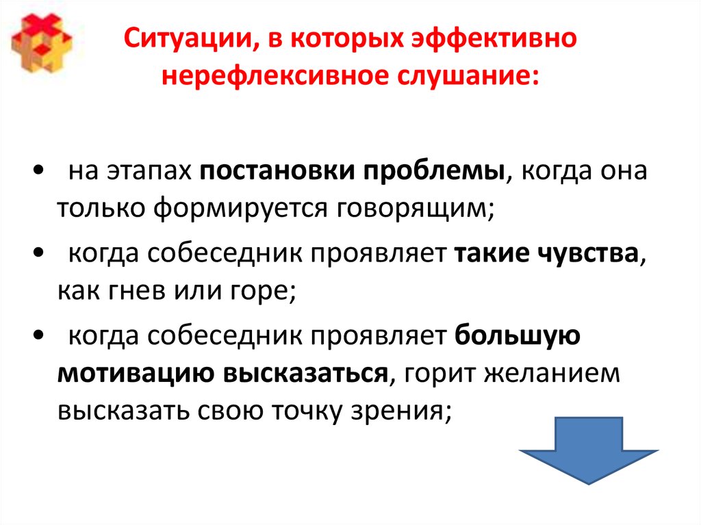 Эффективная ситуация. Нерефлексивное слушание ситуации. Ситуации когда эффективно нерефлексивное слушание. Ситуации в которых полезно нерефлексивное слушание примеры. В чем особенность нерефлексивного слушания?.