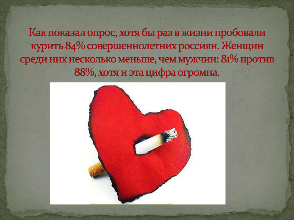 Как показал опрос, хотя бы раз в жизни пробовали курить 84% совершеннолетних россиян. Женщин среди них несколько меньше, чем