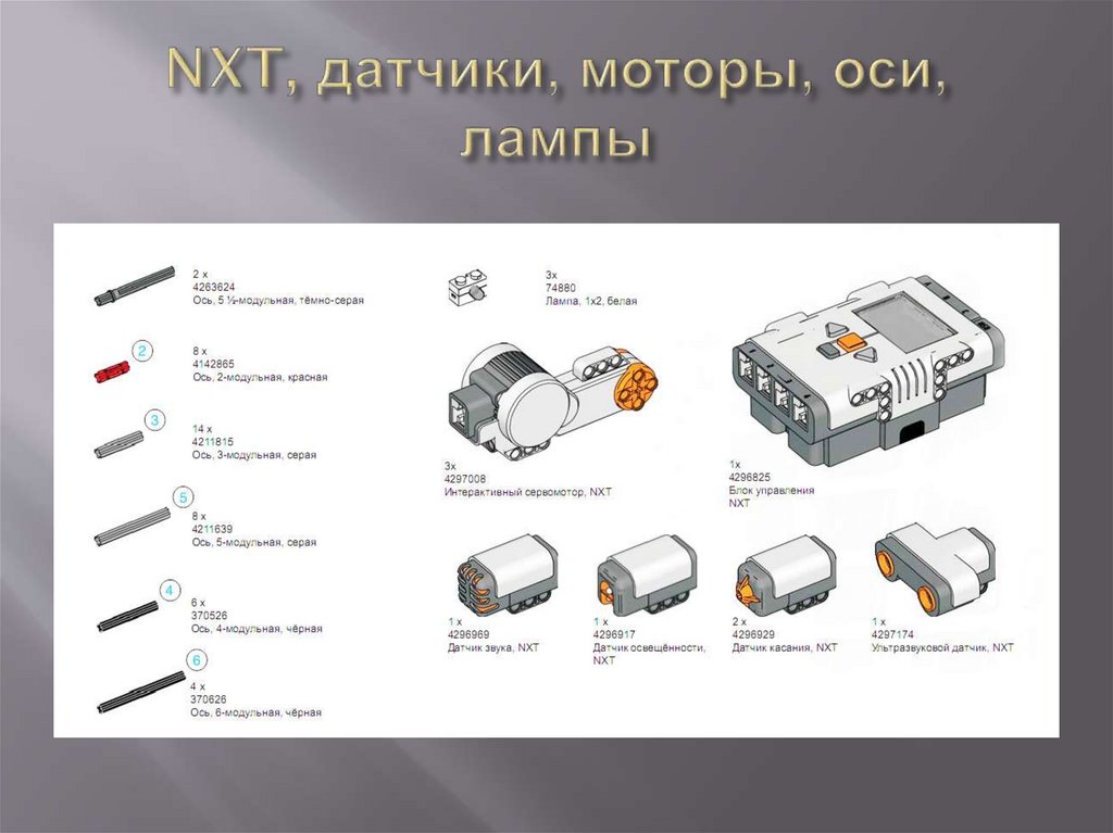 NXT, датчики, моторы, оси, лампы