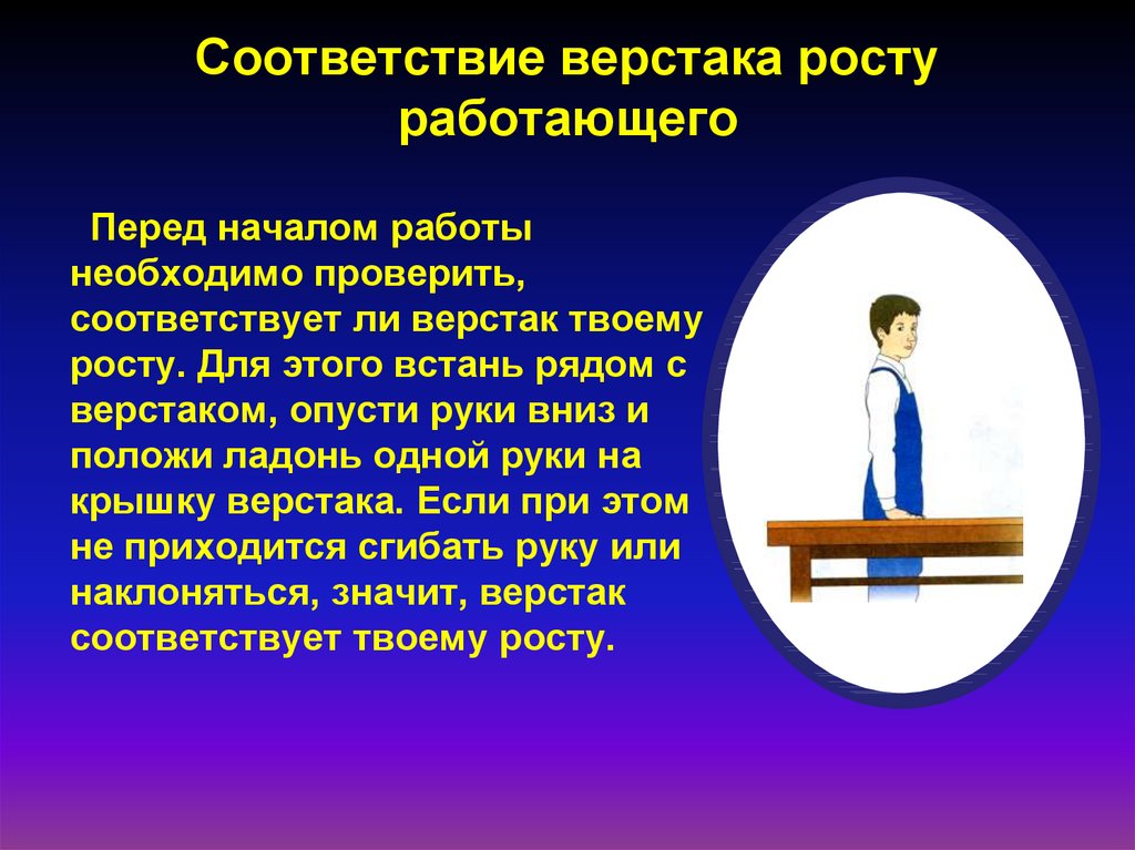 Проверьте соответствует. Соответствие верстака росту работающего. Что необходимо проверить перед началом работы. Перед трудоустройством необходимо. Соответствие верстака росту 5 класс технология.