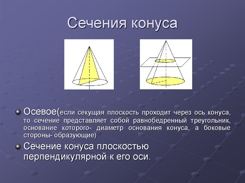 Перпендикулярное сечение конуса. Осевое сечение конуса. Осевое сечение конуса сечение конуса плоскостью проходящей через. Треугольное сечение конуса. Что представляет собой осевое сечение конуса.