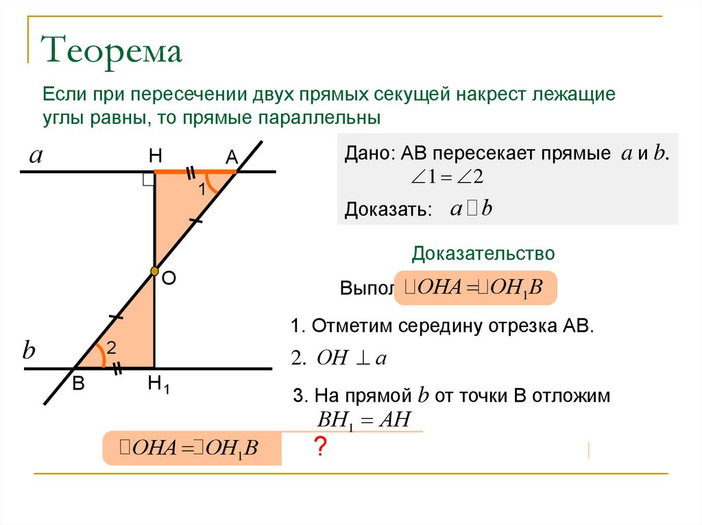 Если углы равны то стороны параллельны. Теорема о пересечении двух прямых секущей накрест лежащие. Теорема о пересечении двух параллельных прямых секущей накрест. 1 Теорема о пересечении двух прямых секущей. Доказательство теоремы параллельности прямых.