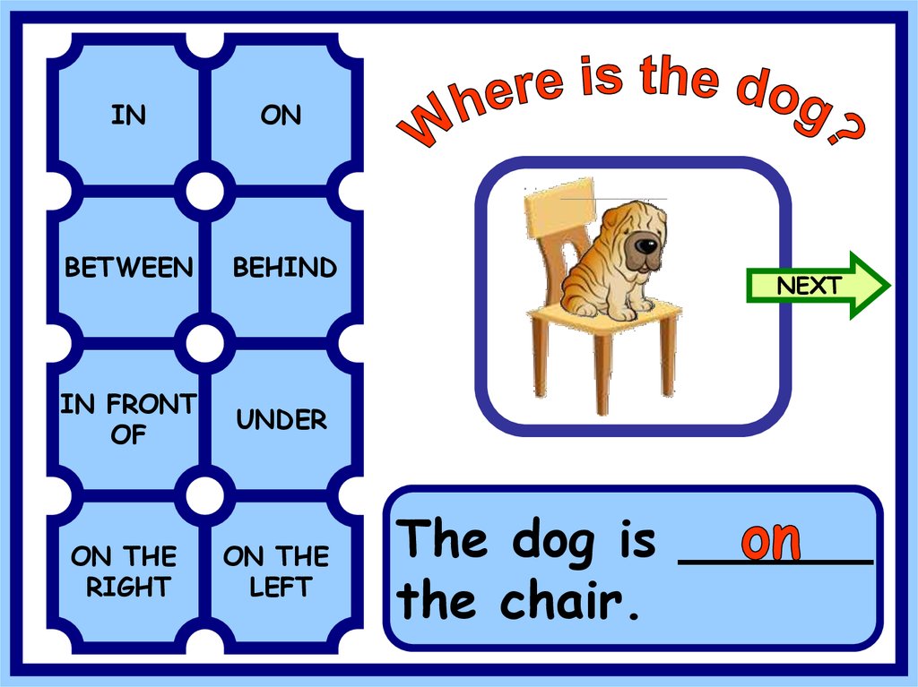 Front next. The Dog is on the Chair. In on under in Front of behind next to between. Таблица between behind. Dog under the Chair.