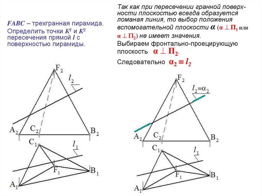 Найти точку пересечения 3 прямых. Пересечение прямой с поверхностью пирамиды. Пересечение прямой с гранной поверхностью. Точки пересечения прямой с поверхностью пирамиды. Определить точки пересечения прямой с поверхностью пирамиды.