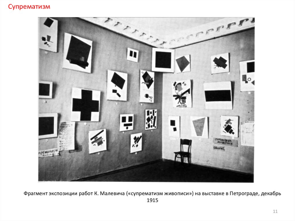 Фрагмент экспозиции работ К. Малевича («супрематизм живописи») на выставке в Петрограде, декабрь 1915